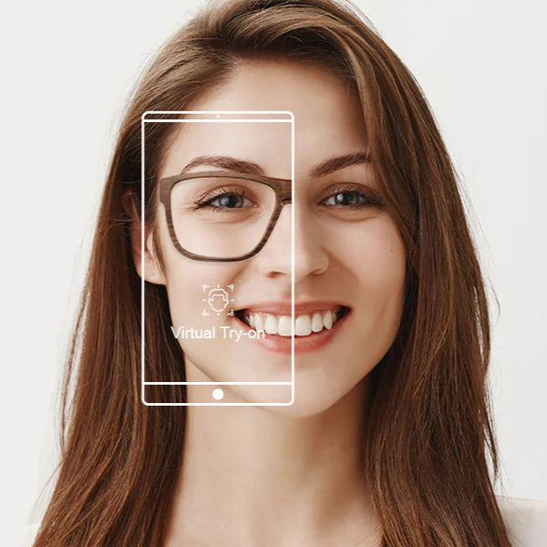 Virtual try-on preview of a woman wearing eyeglasses