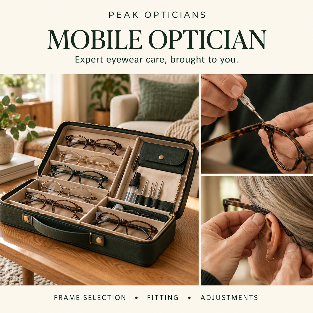 Peak Opticians mobile optician service: frame selection, eyewear adjustments, and personalized fitting at home.