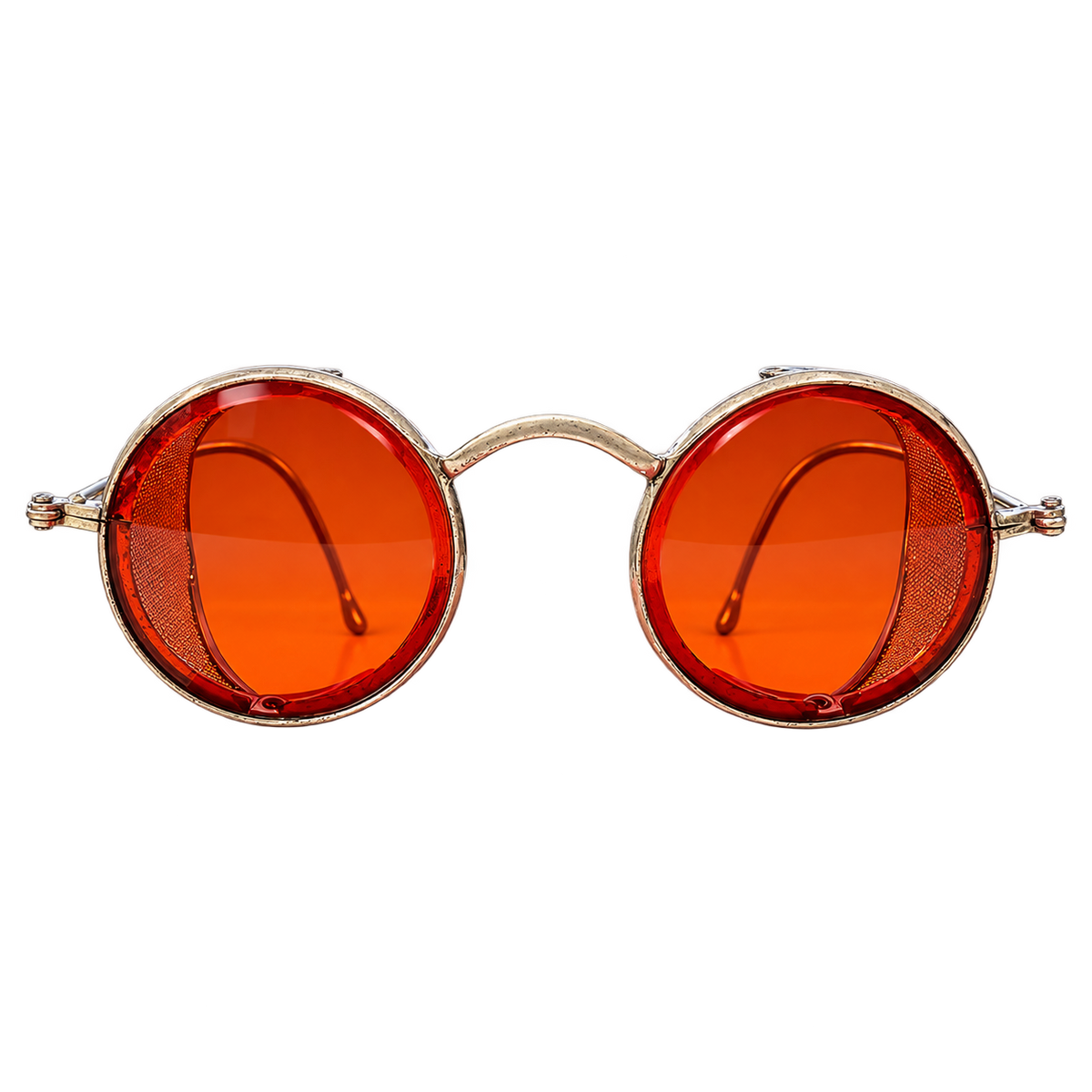 Front view of vintage round red-lens eyeglasses with metal mesh side shields and cable temples