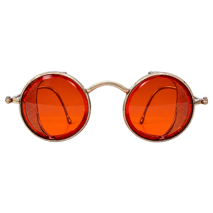 Front view of vintage round red-lens eyeglasses with metal mesh side shields and cable temples
