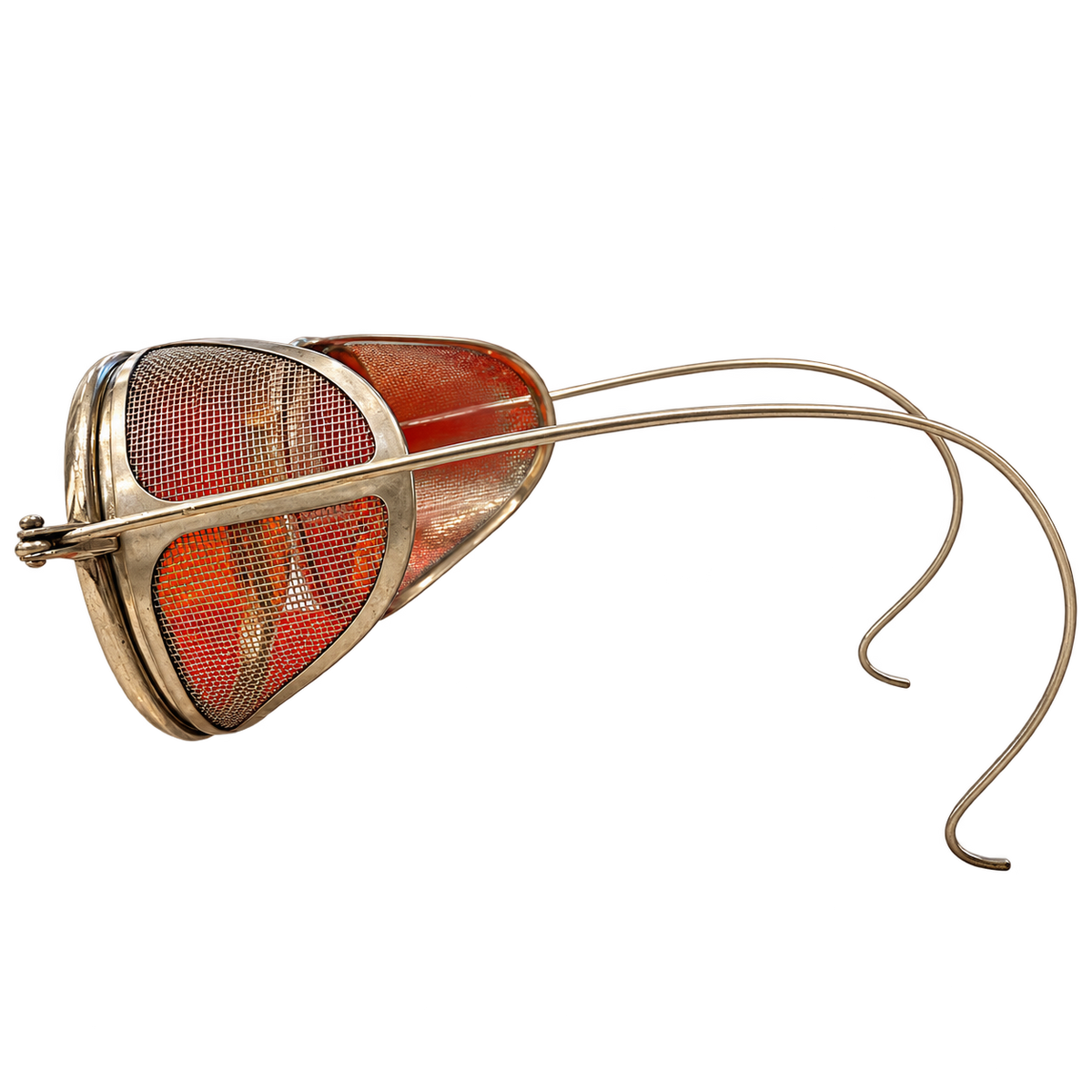 Side view of vintage round red-lens eyeglasses with metal mesh side shields and cable temples