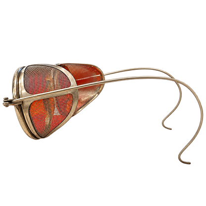 Side view of vintage round red-lens eyeglasses with metal mesh side shields and cable temples