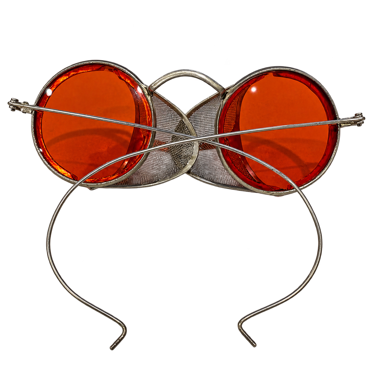 Rear view of vintage round red-lens eyeglasses with metal mesh side shields and cable temples